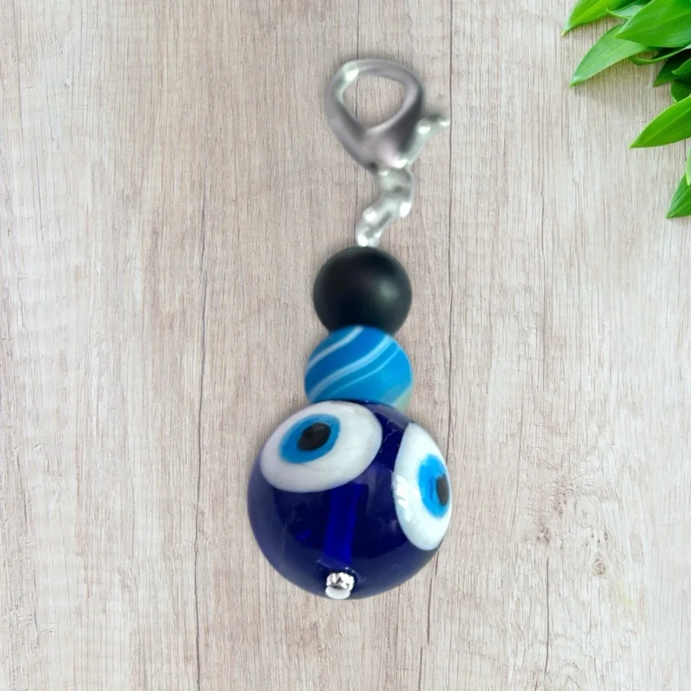 Hand Crafted Purse Pet Charm Onyx Blue Agate  Glass Ball Evil Eye Matte - Picture 5 of 7